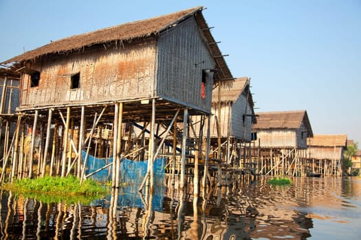 Ttraditional floating village houses in Inle Lake