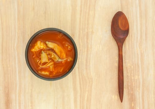 Spicy sour soup vegetable on wooden background, Food summer season