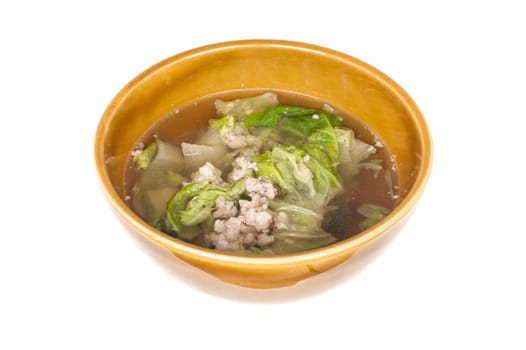 Soup made from pork and vegetable isolated on white, Food rainy season