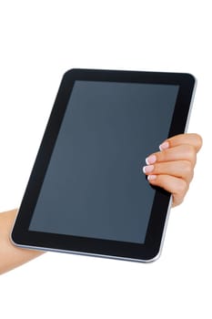 Woman holding tablet, isolated on white