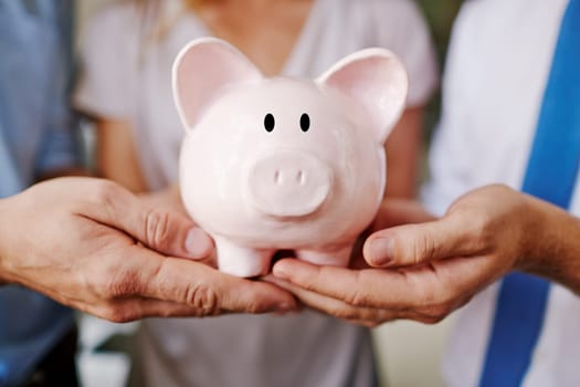 Piggy bank in men hands