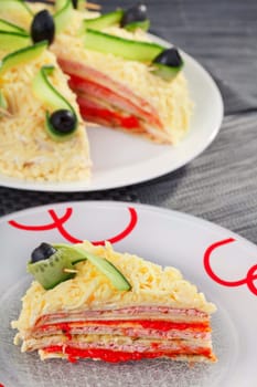Salty pancake cake served in a plate