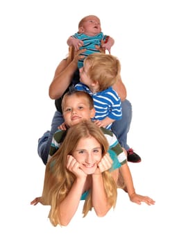 A pyramid of one girl and three boy's, the top is three weeks old,.isolated for white background..