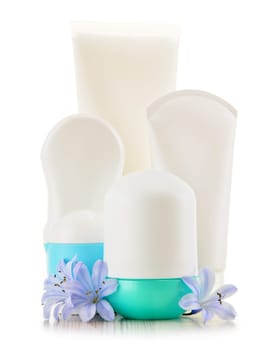 Composition with containers of body care and beauty products. Eco cosmetics.
