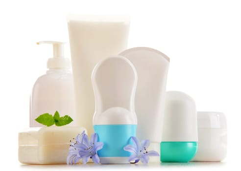 Composition with containers of body care and beauty products. Eco cosmetics.