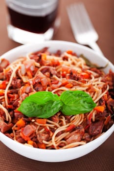 Spaghetti with rabbit and tomatos
