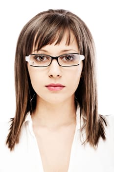 Young woman portrait - with glasses, isolated on white