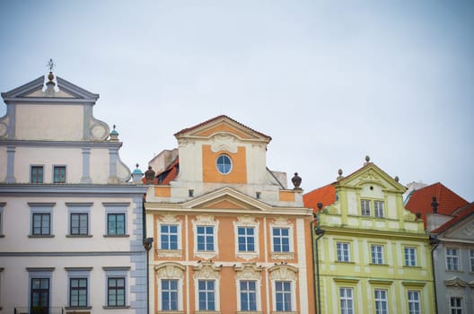 Typical facades of houses in the lower city center. Prague is considered one of the most beautiful cities in Europe and the historical center is on the UNESCO World Heritage List