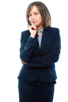 Businesswoman thinking with a marker in her hand isolated on white background