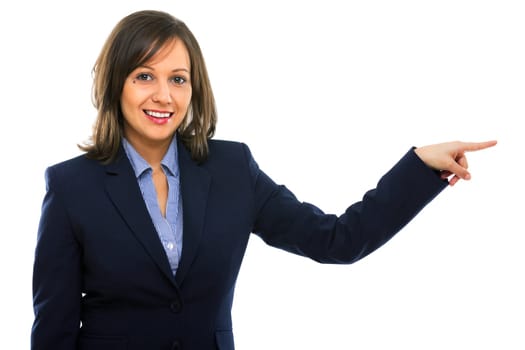 Businesswoman pointing with a finger isolated on white background