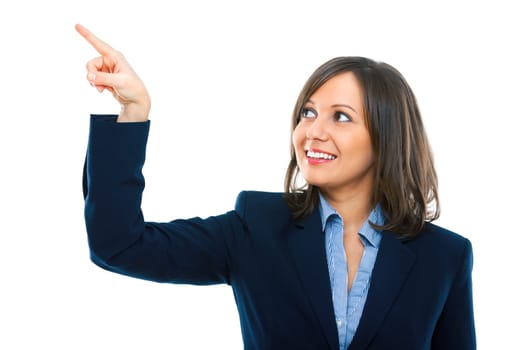 Businesswoman pointing with a finger isolated on white background
