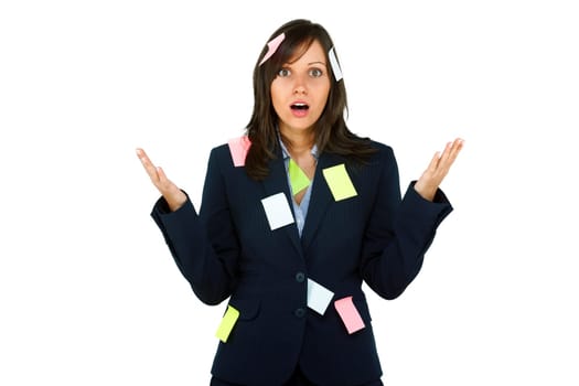 Businesswoman with sticky notes over her costume, expressing stress, isolated on white background