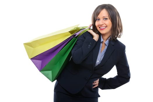 Businesswoman holding colorful presents isolated on white background