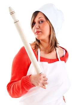 Chef with rolling pin expressing negativity