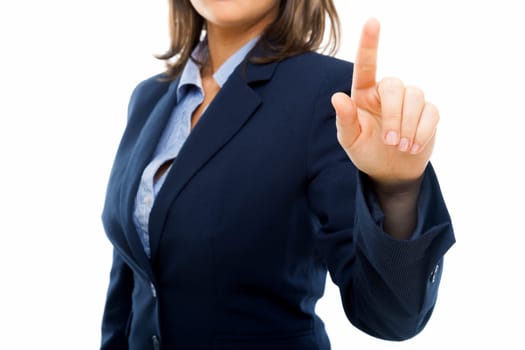 Businesswoman pointing with a finger isolated on white background