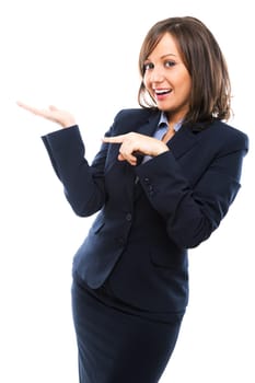 Businesswoman pointing with a finger isolated on white background