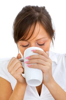Young woman drinking big coffee with milk sitting on the sofa isolated on white background