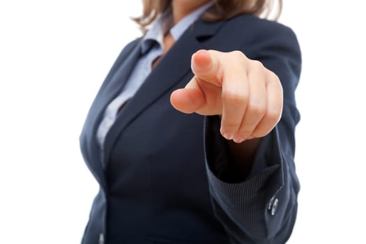 Businesswoman pointing with a finger isolated on white background