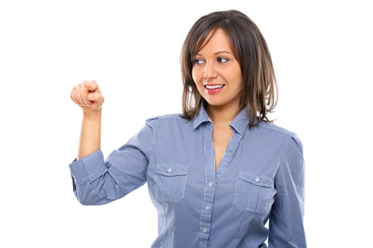 Businesswoman pointing with a finger isolated on white background