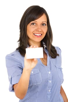Businesswoman with an empty business card in her hand isolated on white background