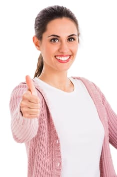 Portrait of a beautiful woman with thumbs up, isolated over white background