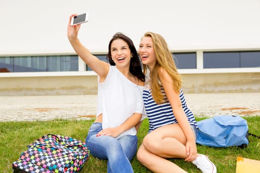 Tennage students sitting on the grass and study together with a laptop