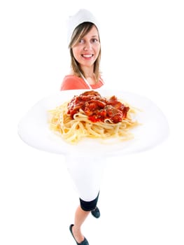 Cheff with spaghetti bolognese isolated on white, expressing positivity