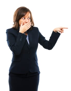 Businesswoman pointing and secretly laughing isolated on white background
