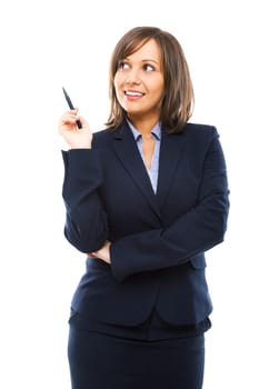 Businesswoman thinking with a marker in her hand isolated on white background