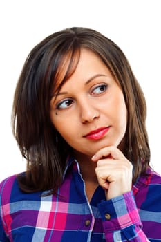 Young woman looking away isolated on white background, close up