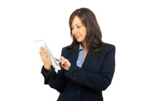 Businesswoman with tablet isolated on white background