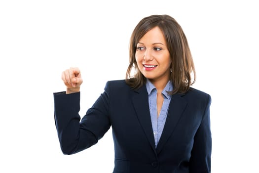 Businesswoman pointing with a finger isolated on white background