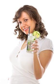 Young woman drinking mojito on white background