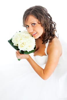 Young bride with wedding bouquet isolated on white background
