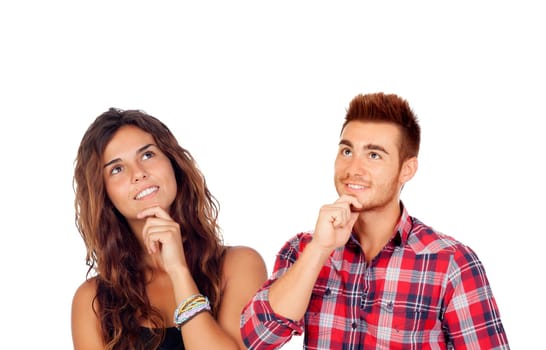 Thoughtful young couple in love isolated on a white background