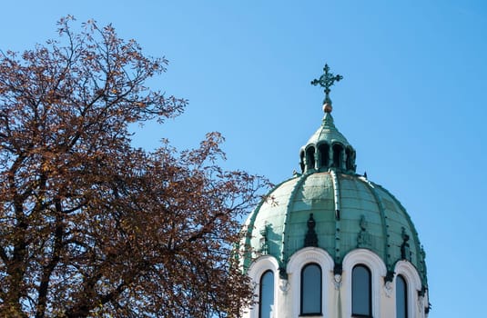 Orthodox church dome on blue sky background