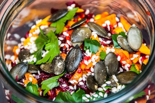 Pumpkin salad with seed red beetroot, sesame and parsley