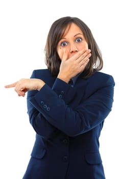 Businesswoman pointing and secretly laughing isolated on white background