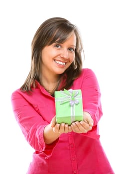 Woman with a present isolated on white