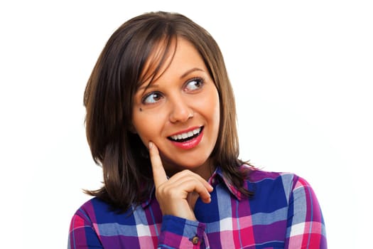 Young woman looking away isolated on white background, close up
