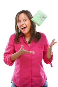 Woman with a present isolated on white