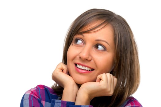 Young woman looking away isolated on white background, close up