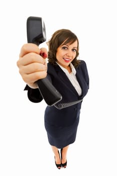 Businesswoman holding telephone receiver isolated on white background shot with wide angle lenses