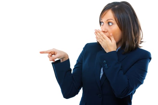 Businesswoman pointing and secretly laughing isolated on white background