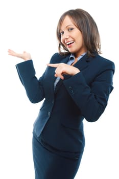 Businesswoman pointing with a finger isolated on white background