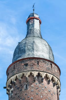View of the spire of the well-known old Judde Tower in Zons am Rhein,Germany.