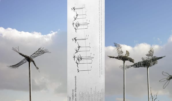 Wittenberge,Germany – February 25,2015: The art project and the sculptures,The Bird Train on the Elbe Promenade,by the students of the Marie Curie Gymnasium on February 25,2015 in Wittenberge.