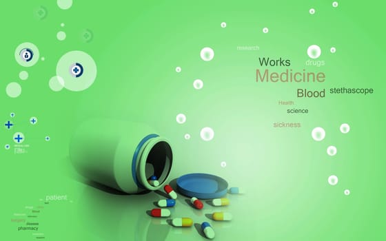 Digital illustration of capsule bottle in color background