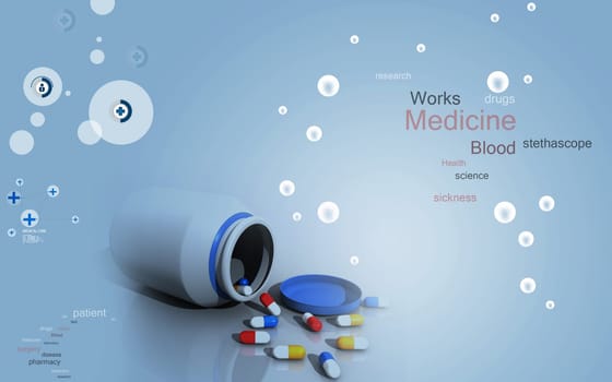 Digital illustration of capsule bottle in colour background