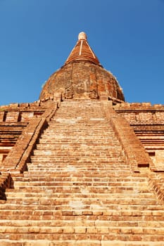 Front view of an ancient pagoda in Bagan